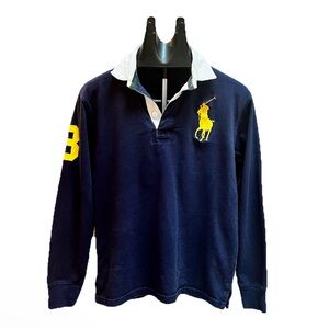 Polo Ralph Lauren Navy Long Sleeve Boys Polo Shirt with Yellow Logo - L (14/16)